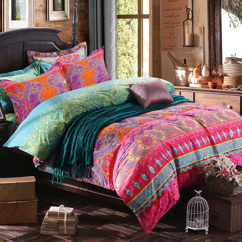 NANKO Queen Duvet Cover Set Boho Red and Green Colorful Vintage Striped Print 3pc 90 x 90 Luxury Soft Microfiber Down Comforter Quilt Bedding Cover with Zipper Ties - Bohemian Exotic for Men and Women - Image 3